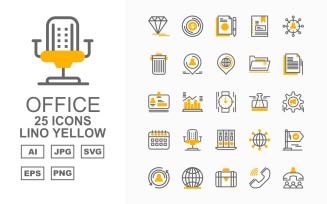25 Premium Office III Lino Yellow Pack Icon Set