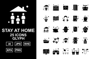 25 Premium Stay At Home Glyph Pack Icon Set