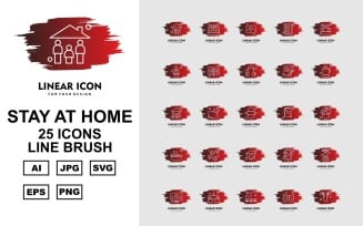 25 Premium Stay At Home Line Brush Pack Icon Set