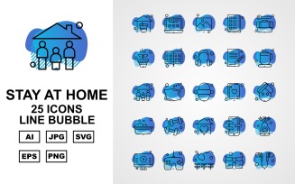 25 Premium Stay At Home Line Bubble Pack Icon Set