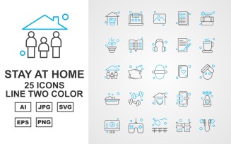 25 Premium Stay At Home Line Two Color Pack Icon Set