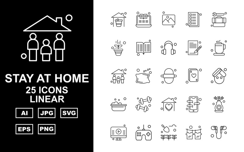 25 Premium Stay At Home Linear Pack Icon Set