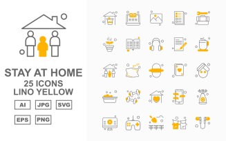 25 Premium Stay At Home Lino Yellow Pack Icon Set