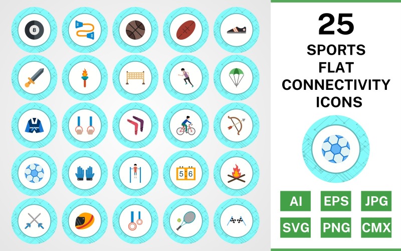 25 Sports And Games Flat Connectivity Icon Set