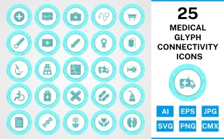 25 Medical Glyph Connectivity Icon Set