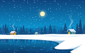 Winter Lake Night View - Illustration