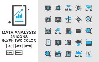 25 Premium Data Analysis Glyph Two Color Icon Pack Set