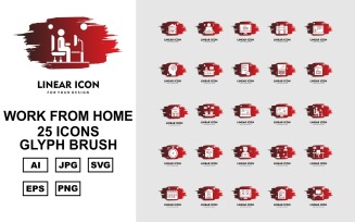 25 Premium Work From Home Glyph Brush Icon Pack Set