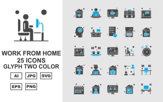 25 Premium Work From Home Glyph Two Color Icon Pack Set