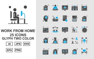 25 Premium Work From Home Glyph Two Color Icon Pack Set