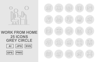 25 Premium Work From Home Grey Circle Icon Pack Set