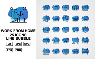 25 Premium Work From Home Line Bubble Icon Pack Set
