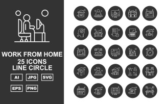 25 Premium Work From Home Line Circle Icon Pack Set