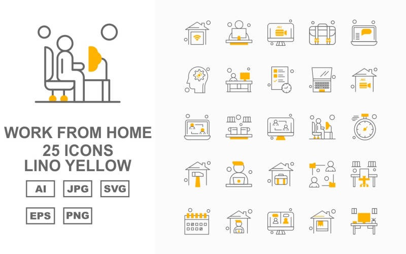 25 Premium Work From Home Lino Yellow Icon Pack Set Icon Set