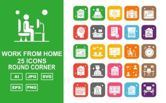25 Premium Work From Home Round Corner Icon Pack Set