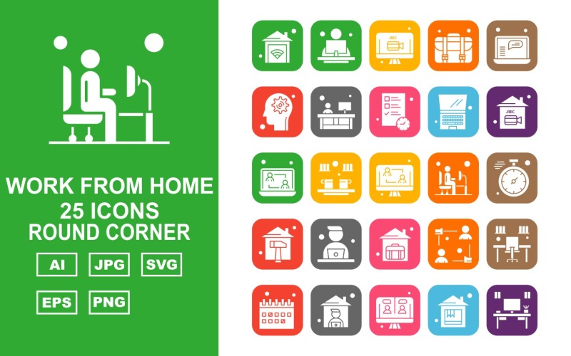 25 Premium Work From Home Round Corner Icon Pack Set Icon Set