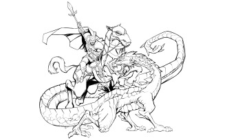 Saint George Slaying the Dragon Line Art - Illustration