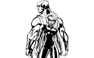 Superhero Couple Back to Back Line Art - Illustration