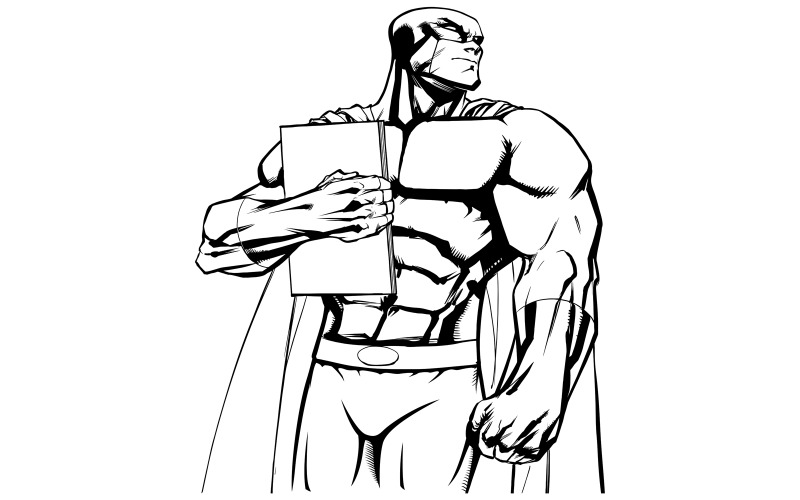Superhero Holding Book Line Art - Illustration