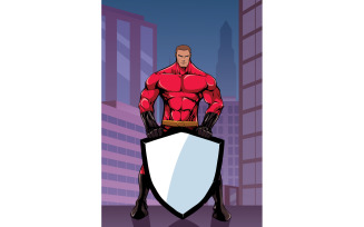 Superhero Holding Shield in City Vertical - Illustration