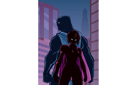 Superhero Couple in City Silhouette Illustration