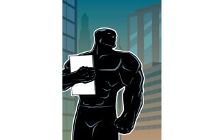 Superhero Holding Book in City Vertical Silhouette - Illustration