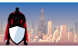 Superhero Holding Shield in City Silhouette - Illustration