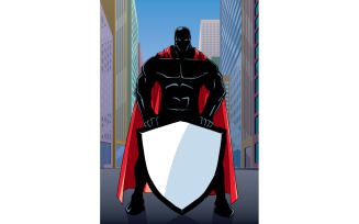 Superhero Holding Shield on Street Silhouette - Illustration