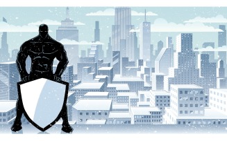 Superhero Holding Shield Winter City Silhouette - Illustration