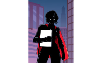 Superheroine Holding Book in City Vertical Silhouette - Illustration