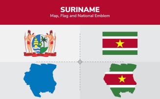 Suriname Map, Flag and National Emblem - Illustration