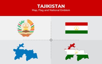 Tajikistan Map, Flag and National Emblem - Illustration