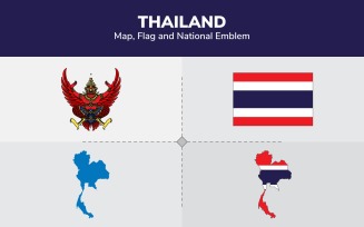 Thailand Map, Flag and National Emblem - Illustration