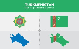 Turkmenistan Map, Flag and National Emblem - Illustration