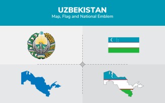 Uzbekistan Map, Flag and National Emblem - Illustration