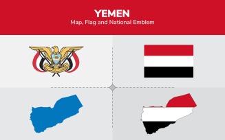 Yemen Map, Flag and National Emblem - Illustration