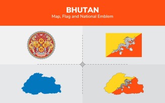 Bhutan Map, Flag and National Emblem - Illustration