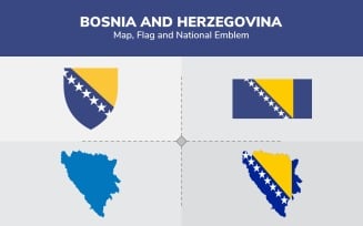 Bosnia and Herzegovina Map, Flag and National Emblem - Illustration