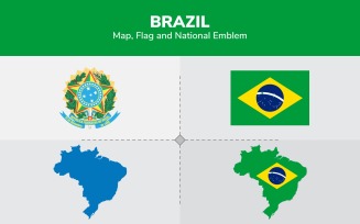 Brazil Map, Flag and National Emblem - Illustration