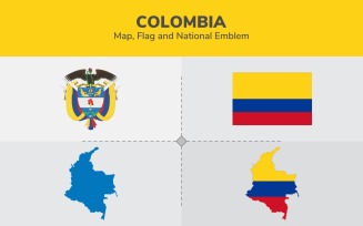 Colombia Map, Flag and National Emblem - Illustration