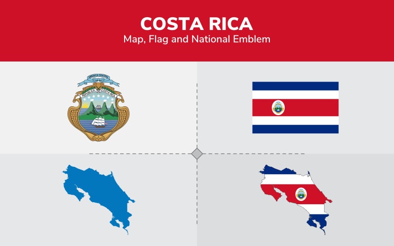 Costa Rica Map, Flag and National Emblem - Illustration