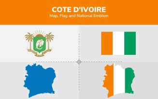 Cote d'ivoire Map, Flag and National Emblem - Illustration