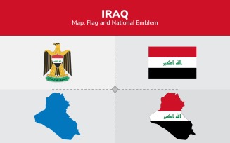 Iraq Map, Flag and National Emblem - Illustration