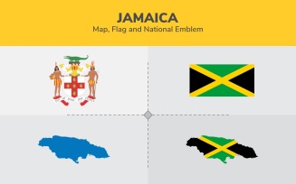 Jamaica Map, Flag and National Emblem - Illustration