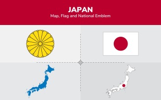 Japan Map, Flag and National Emblem - Illustration