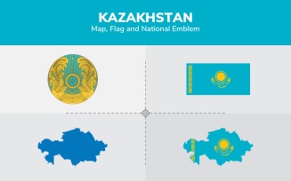 Kazakhstan Map, Flag and National Emblem - Illustration