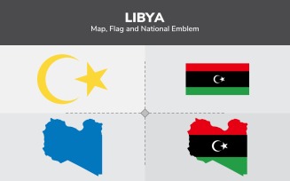 Libya Map, Flag and National Emblem - Illustration