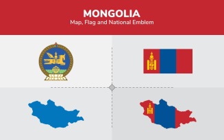 Mongolia Map, Flag and National Emblem - Illustration