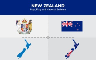 New Zealand Map, Flag and National Emblem - Illustration