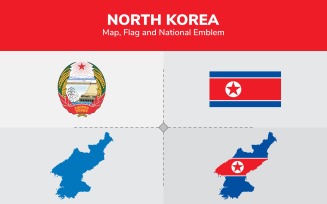 North Korea Map, Flag and National Emblem - Illustration